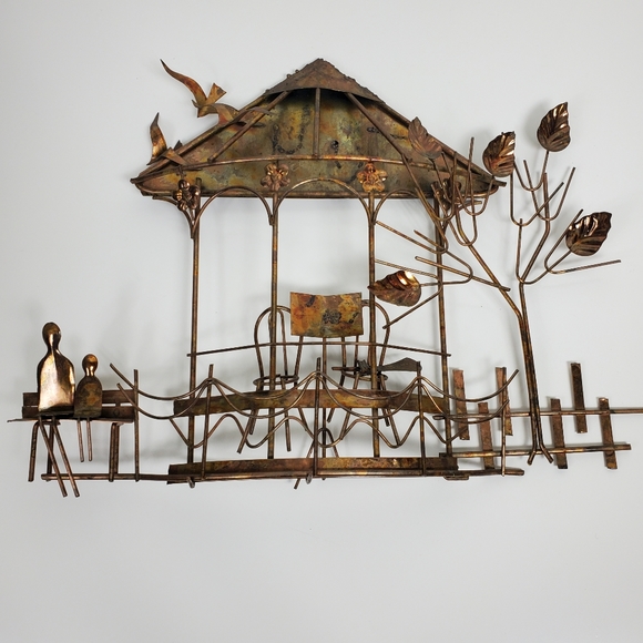 Vintage Emesco 3D copper wall art gazebo, park bench, trees, and flowers - Picture 8 of 12